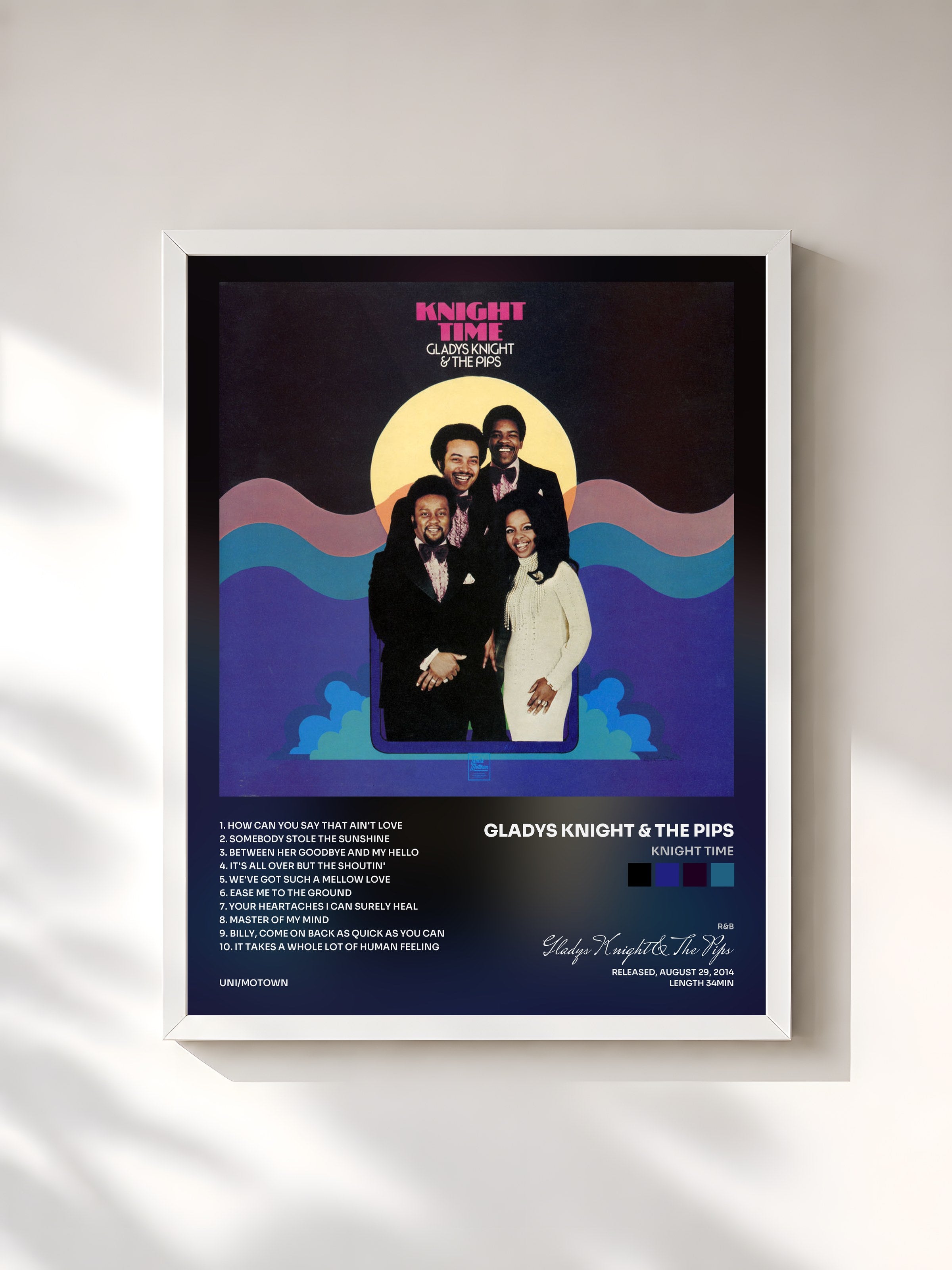 #blanc Tableau de l'album Knight Time de Gladys Knight & The Pips, cadre blanc, imprimé et encadré en France