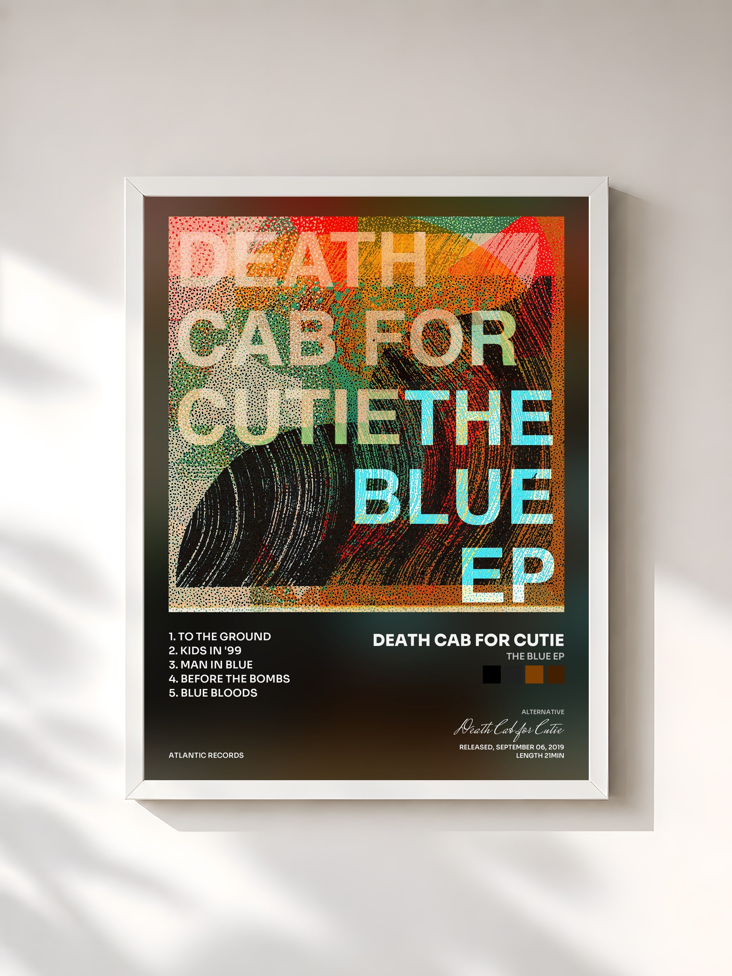 #blanc Tableau de l'album The Blue EP de Death Cab for Cutie, cadre blanc, imprimé et encadré en France