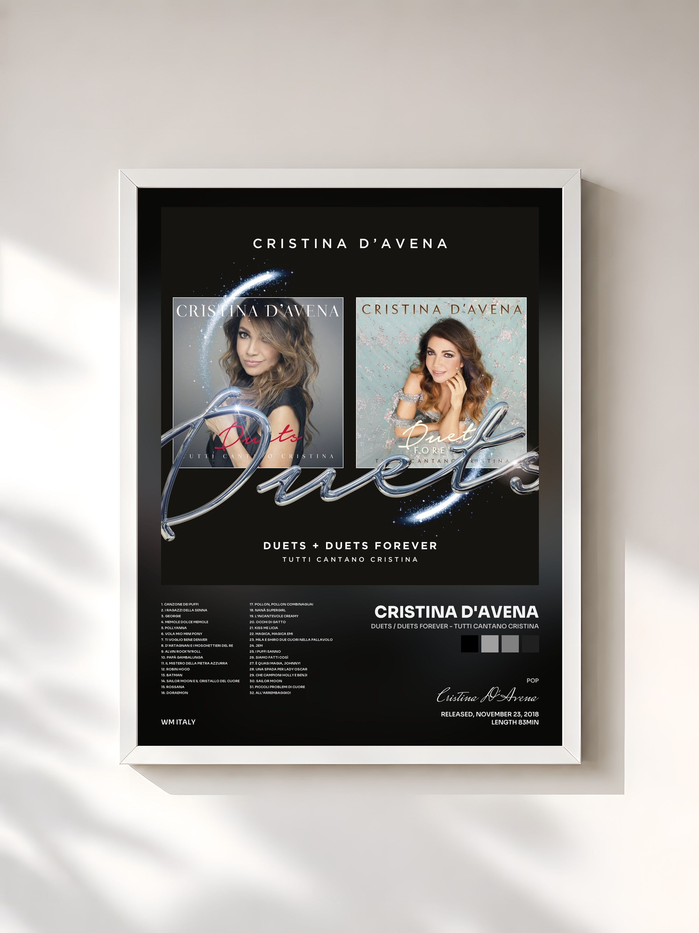 #blanc Tableau de l'album Duets / Duets Forever - Tutti cantano Cristina de Cristina D'Avena, cadre blanc, imprimé et encadré en France