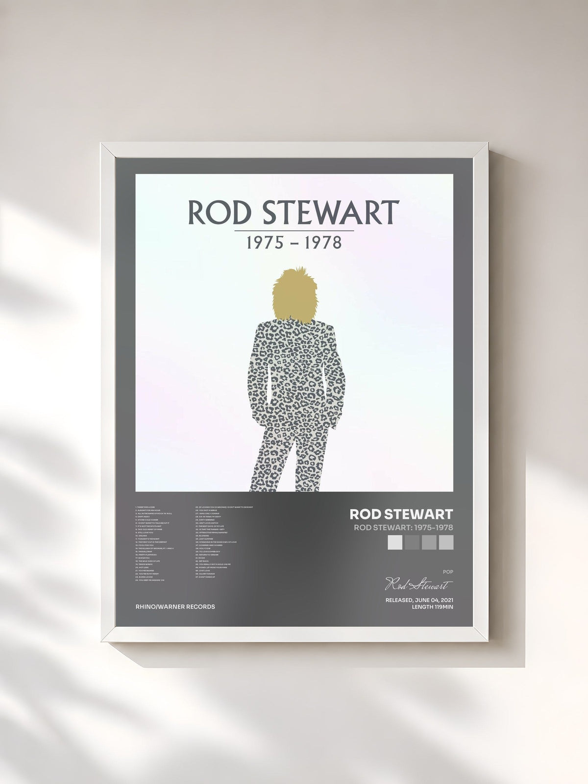 #blanc Rod Stewart: 1975-1978 de Rod Stewart en lámina enmarcada, marco blanco, impresa y enmarcada en Francia
