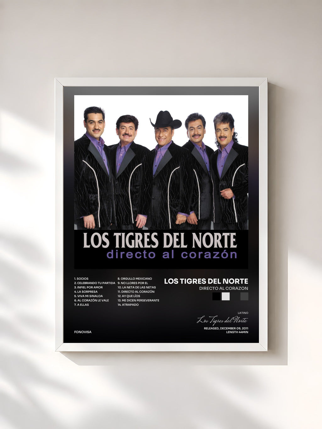 #blanc Tableau de l'album Directo Al Corazon de Los Tigres del Norte, cadre blanc, imprimé et encadré en France