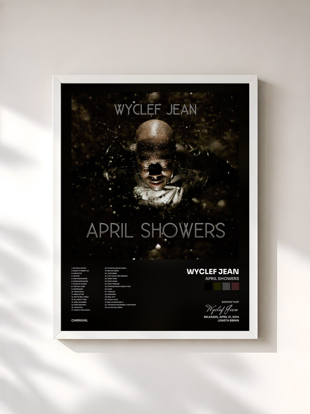 #blanc Tableau de l'album April Showers de Wyclef Jean, cadre blanc, imprimé et encadré en France