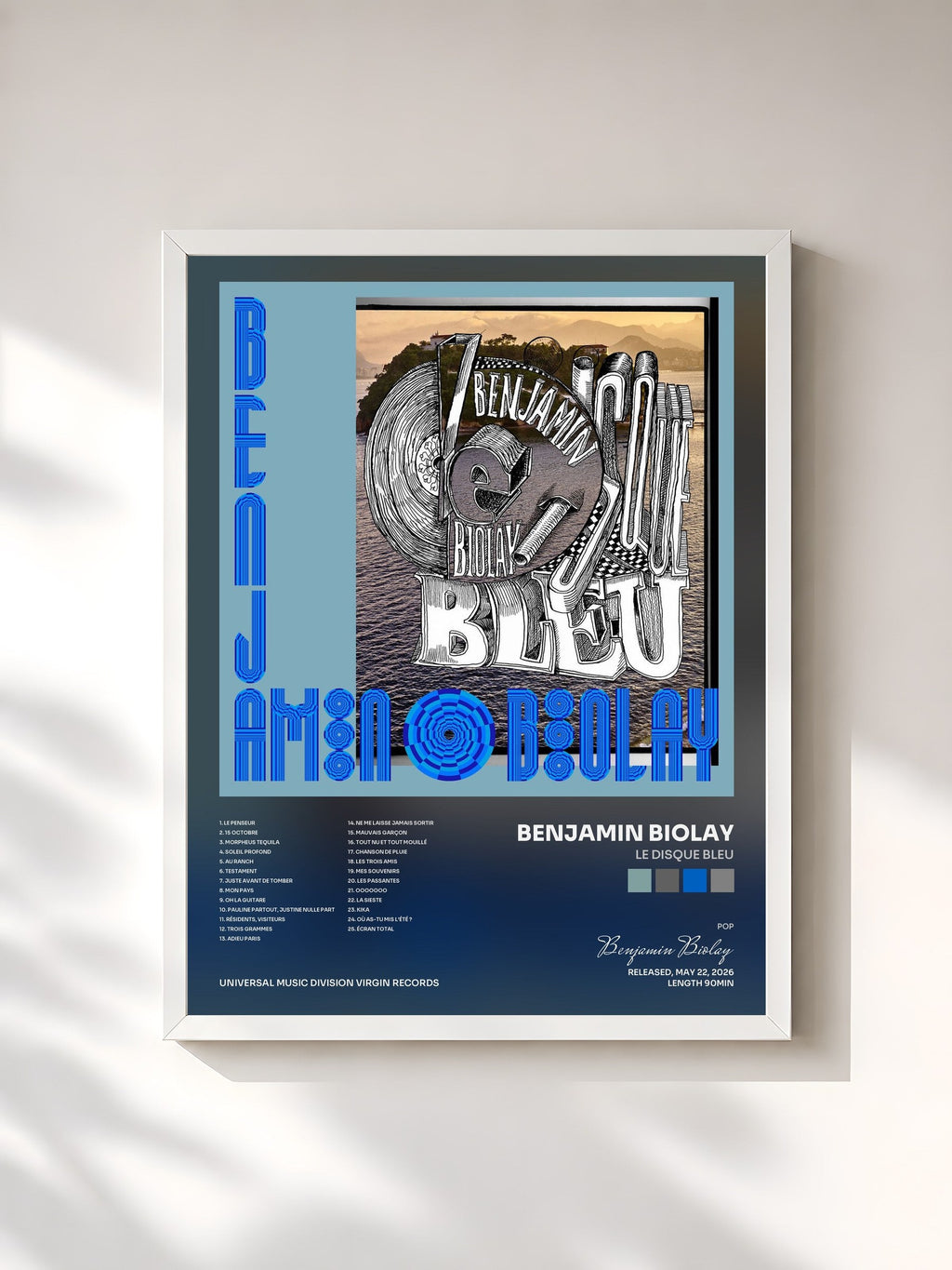 #blanc Tableau de l'album Le Disque Bleu de Benjamin Biolay, cadre blanc, imprimé et encadré en France