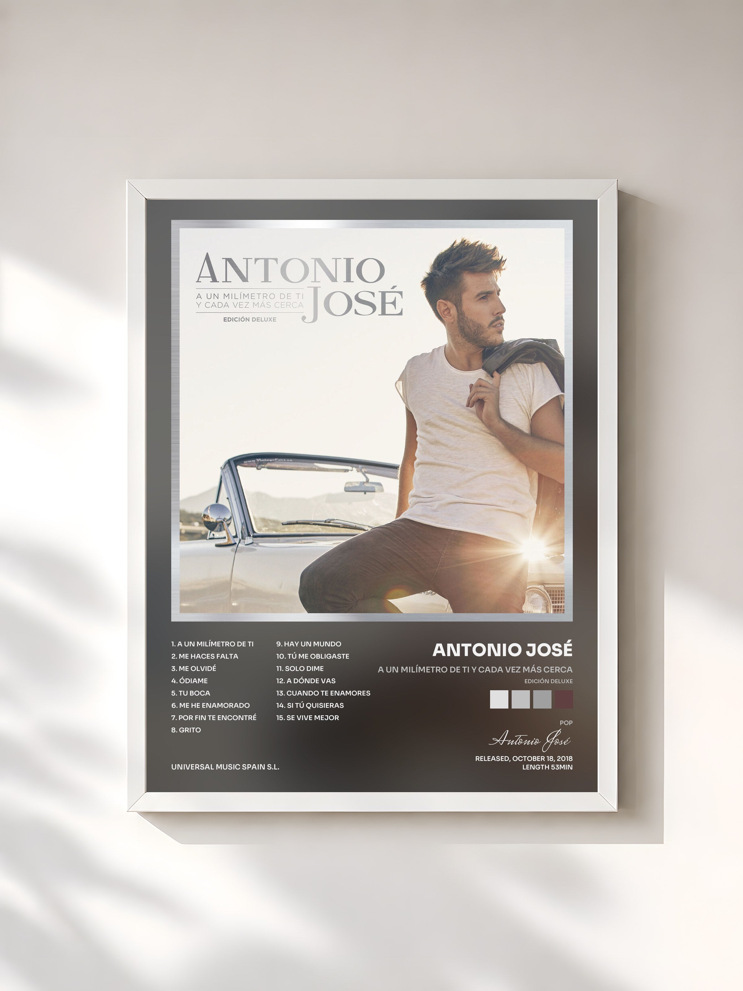 #blanc Tableau de l'album A Un Milímetro De Ti Y Cada Vez Más Cerca (Edición Deluxe) de Antonio José, cadre blanc, imprimé et encadré en France