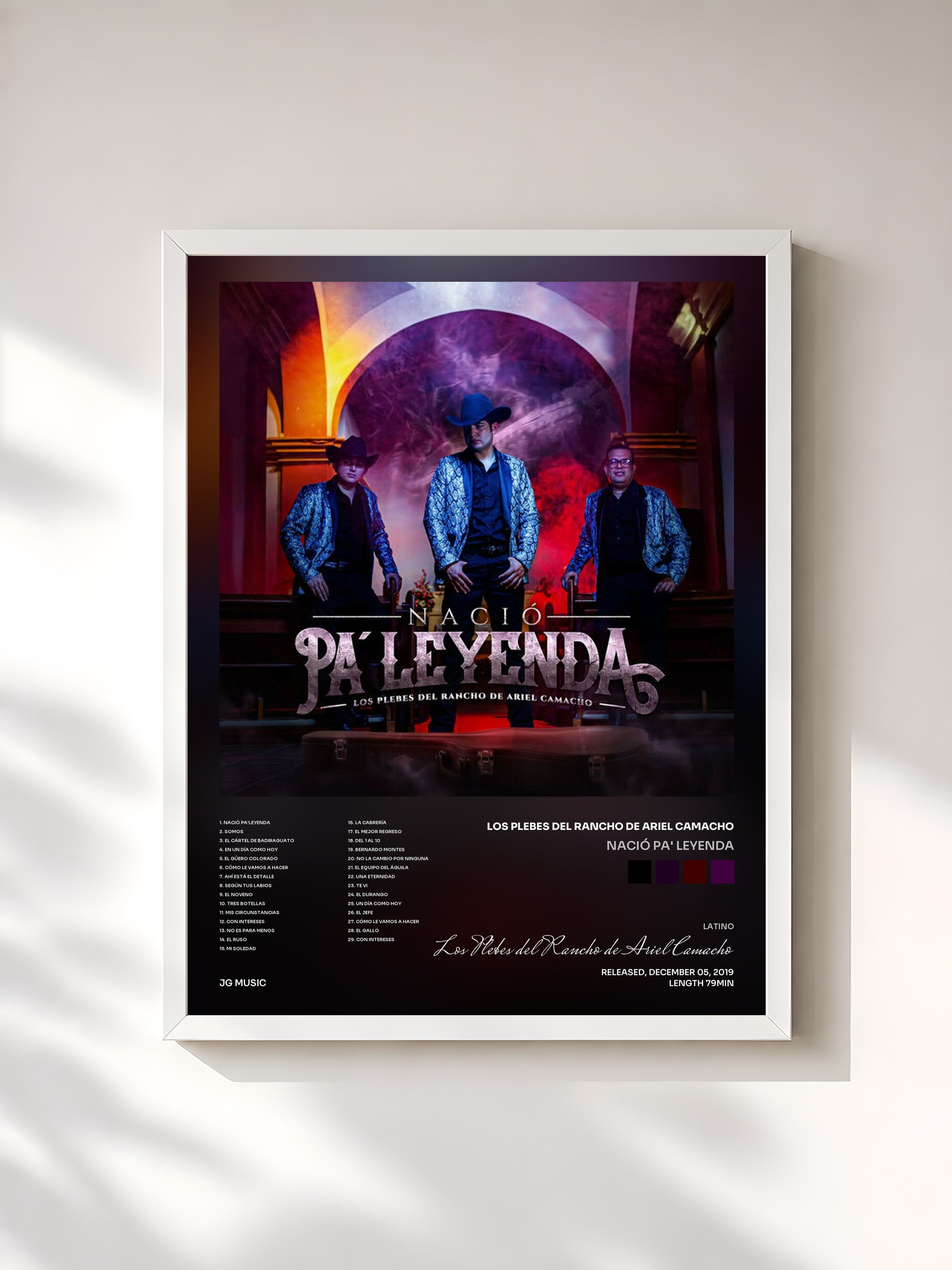 #blanc Tableau de l'album Nació Pa' Leyenda de Los Plebes del Rancho de Ariel Camacho, cadre blanc, imprimé et encadré en France