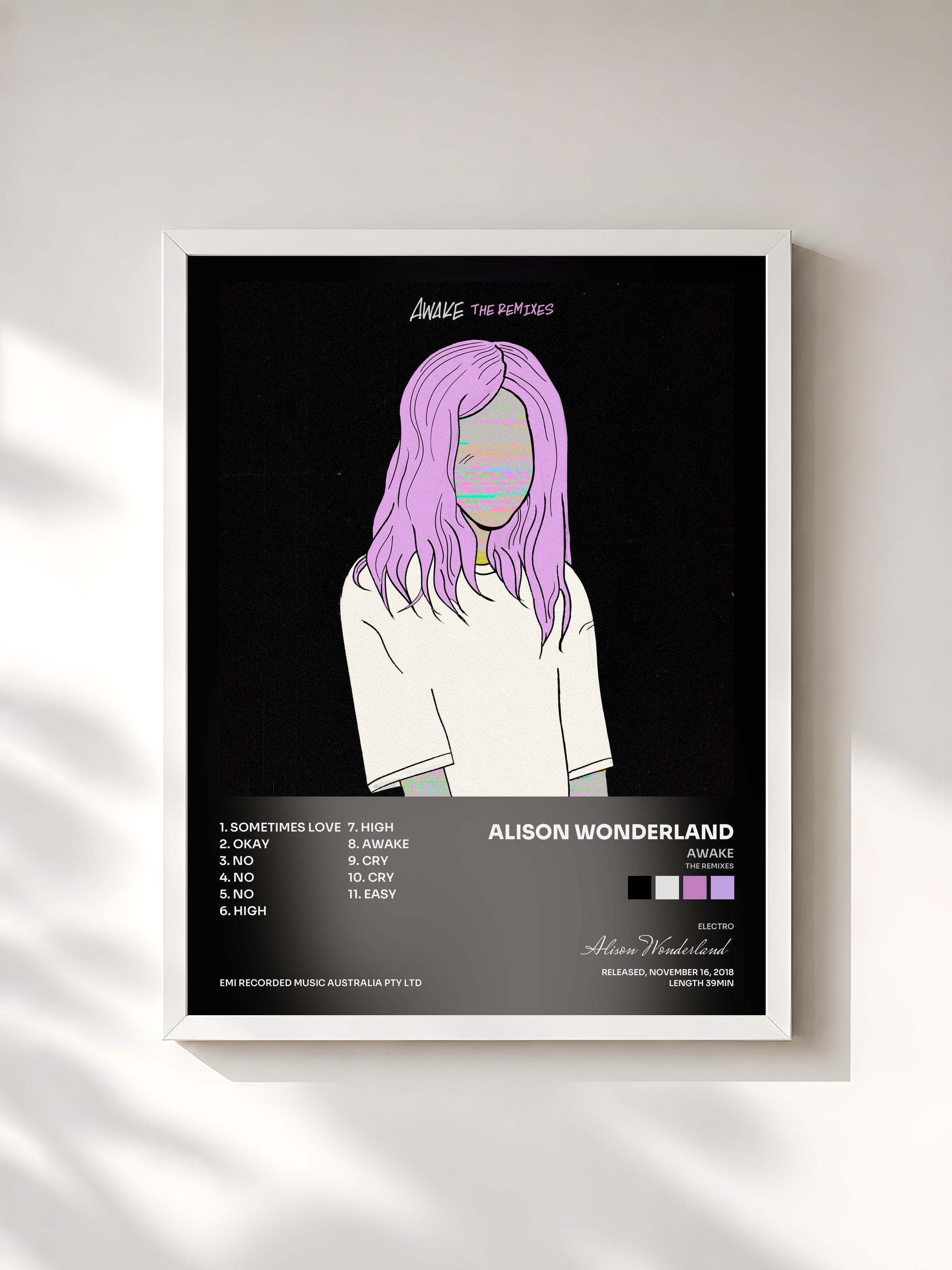 #blanc Tableau de l'album Awake (The Remixes) de Alison Wonderland, cadre blanc, imprimé et encadré en France