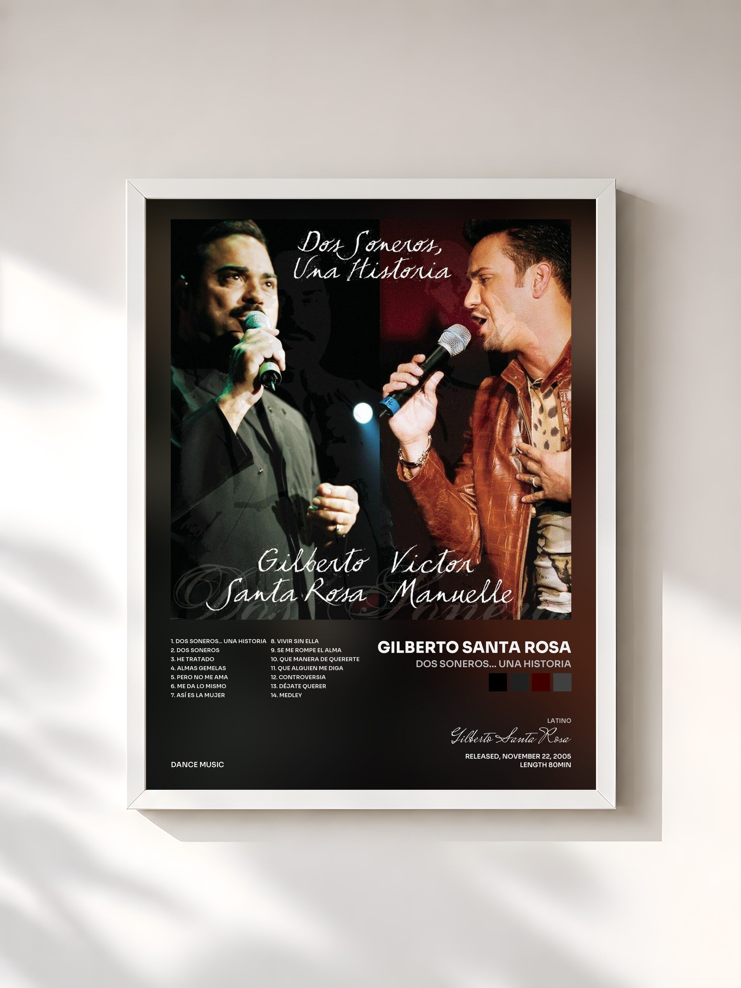 #blanc Tableau de l'album Dos Soneros... Una Historia de Gilberto Santa Rosa, cadre blanc, imprimé et encadré en France