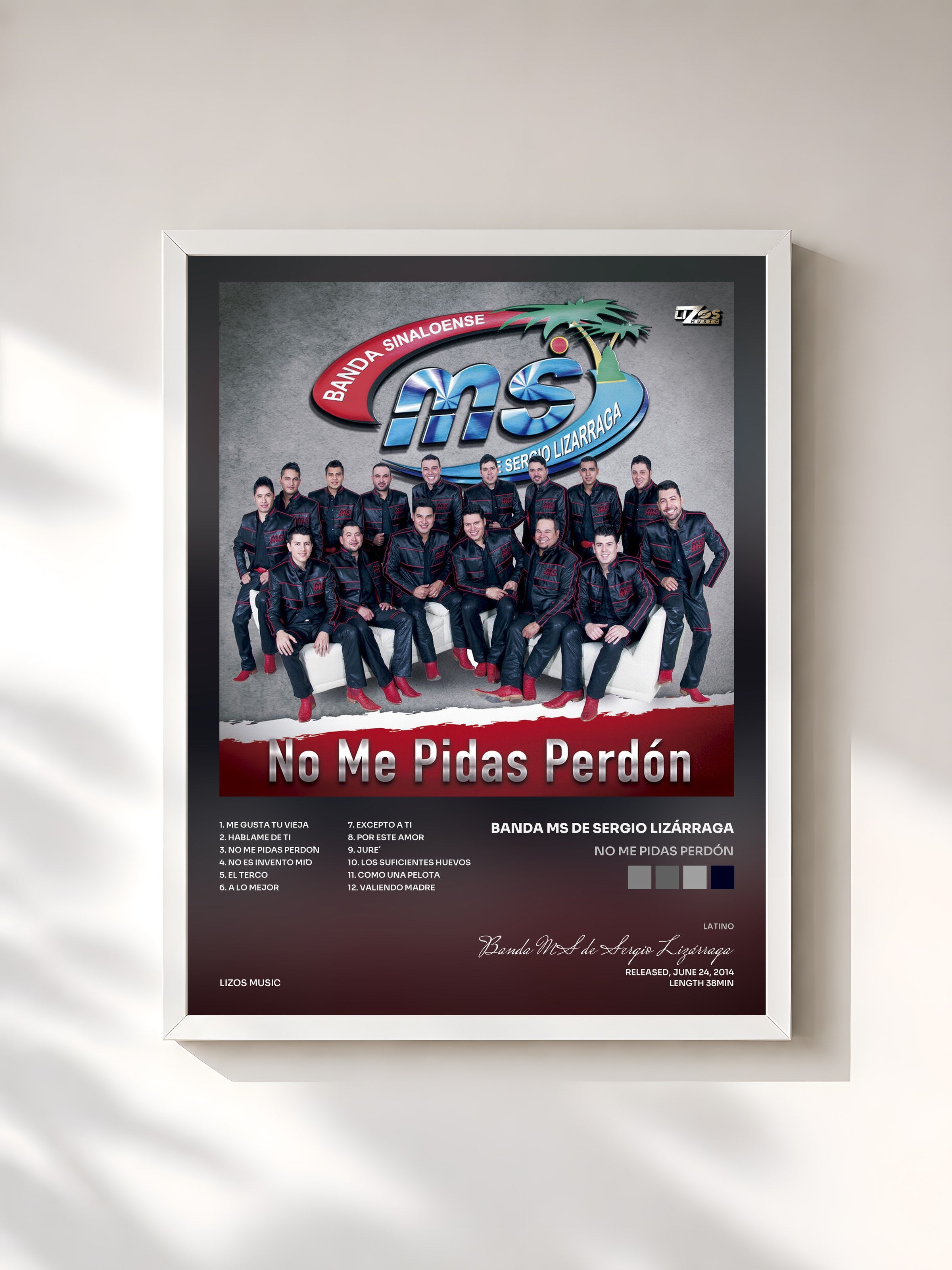 #blanc Tableau de l'album No Me Pidas Perdón de Banda MS de Sergio Lizárraga, cadre blanc, imprimé et encadré en France