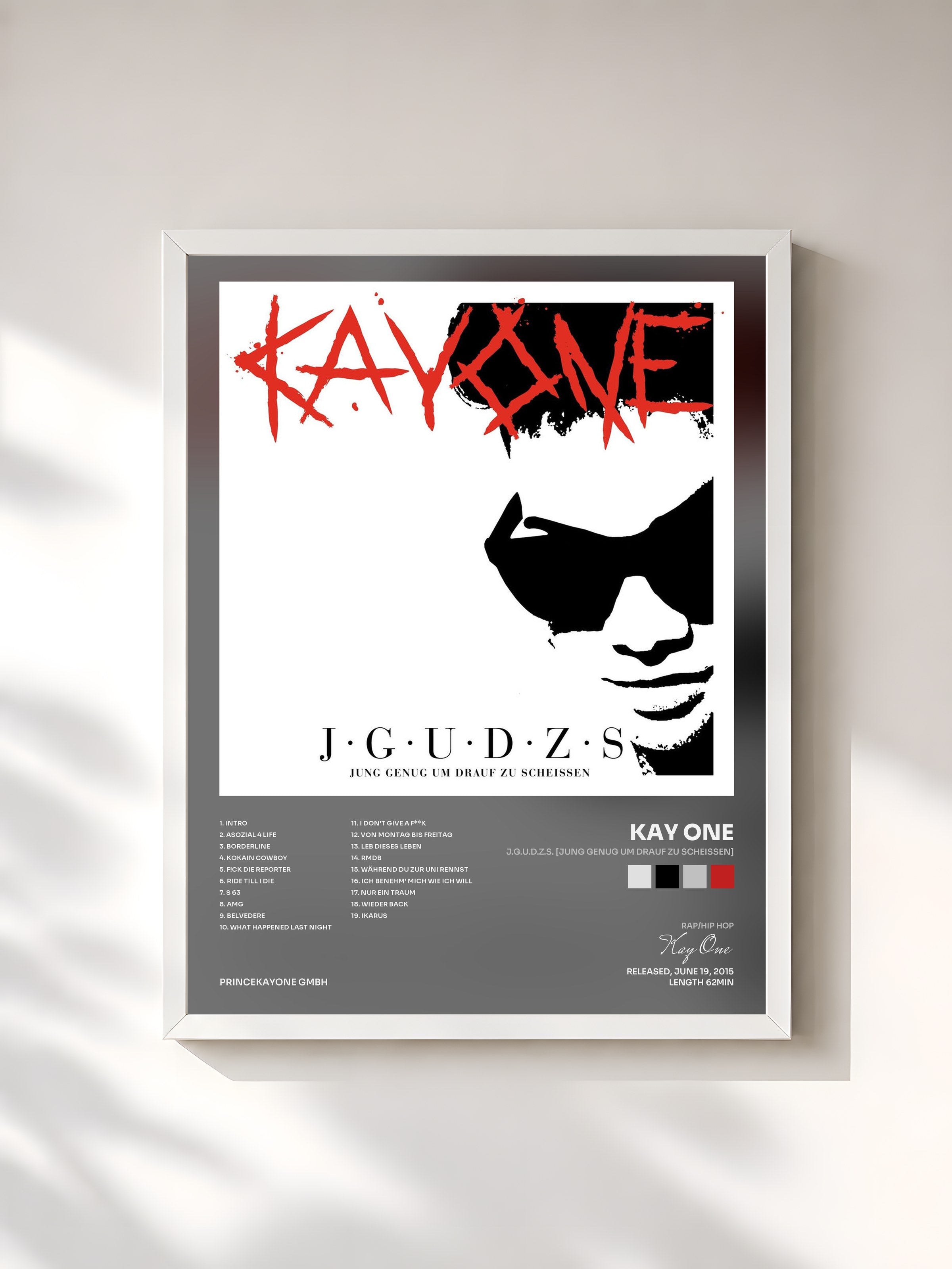 #blanc Tableau de l'album J.G.U.D.Z.S. [Jung genug um drauf zu scheissen] de Kay One, cadre blanc, imprimé et encadré en France