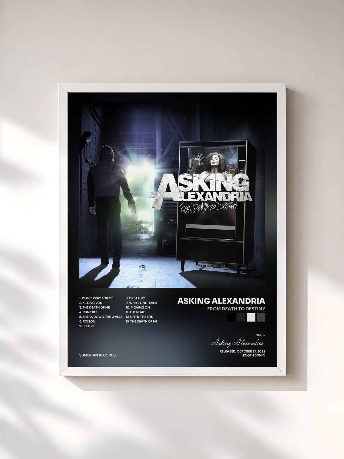 #blanc Tableau de l'album From Death To Destiny de Asking Alexandria, cadre blanc, imprimé et encadré en France