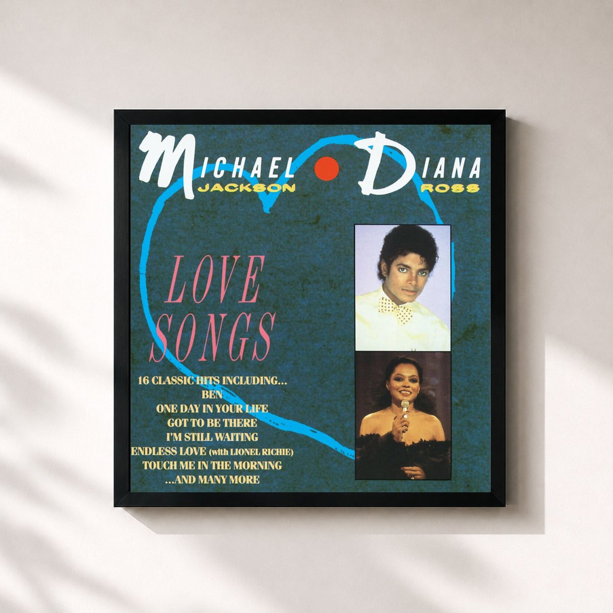 #noir Tableau carré de l'album Love Songs de Lionel Richie, cadre noir 32x32 cm