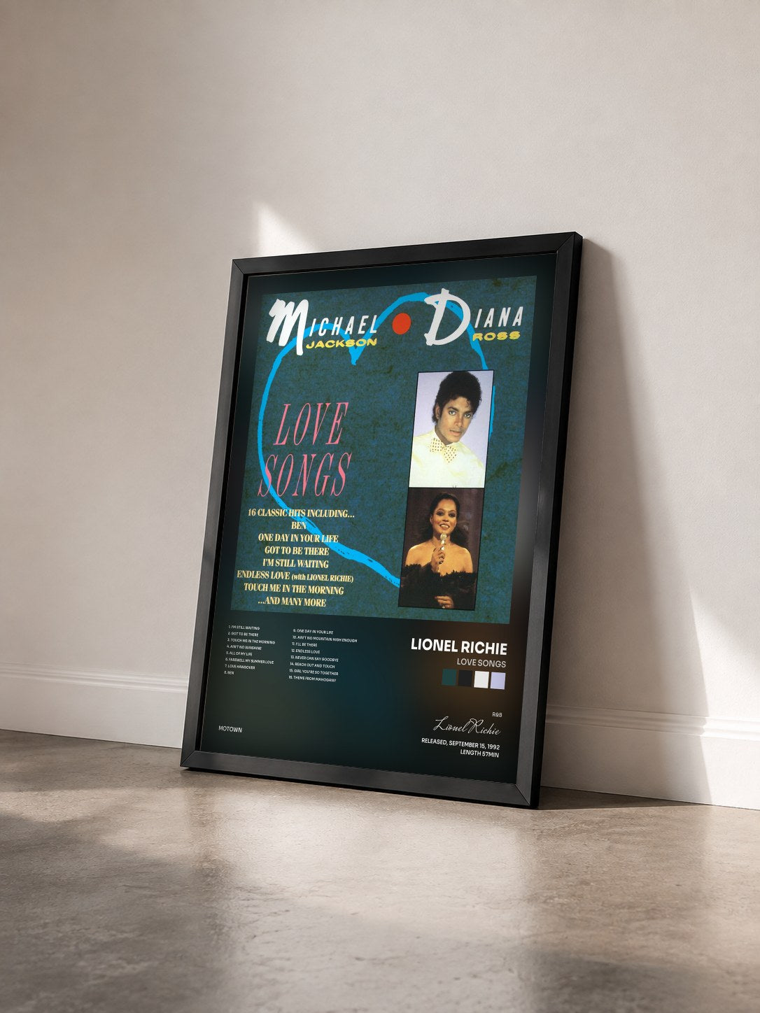 #noir Tableau de l'album Love Songs de Lionel Richie vu de trois quarts, cadre noir