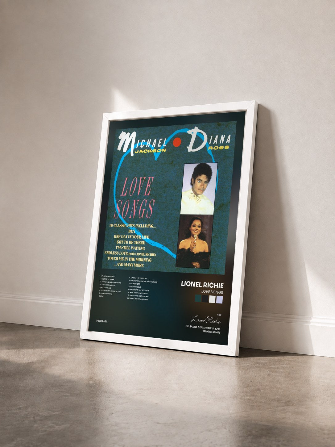 #blanc Tableau de l'album Love Songs de Lionel Richie vu de trois quarts, cadre blanc