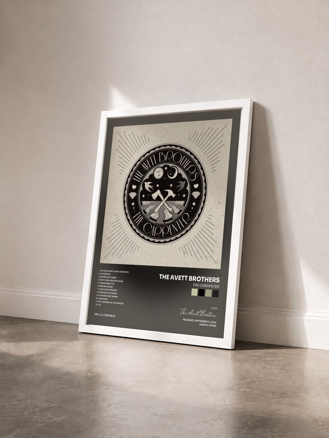 #blanc Tableau de l'album The Carpenter de The Avett Brothers vu de trois quarts, cadre blanc