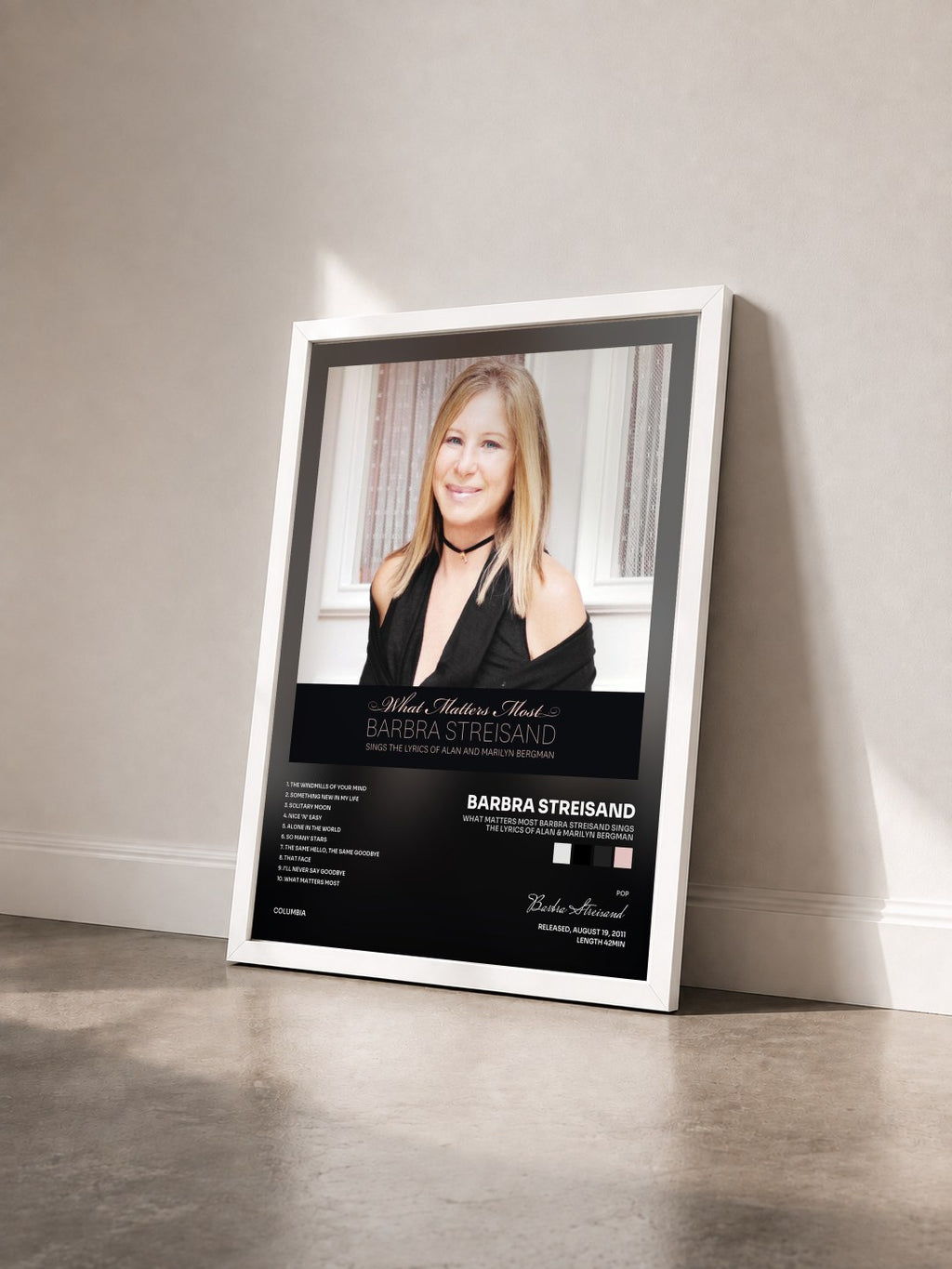 #blanc What Matters Most Barbra Streisand Sings The Lyrics Of Alan & Marilyn Bergman de Barbra Streisand en lámina enmarcada vista de tres cuartos, marco blanco
