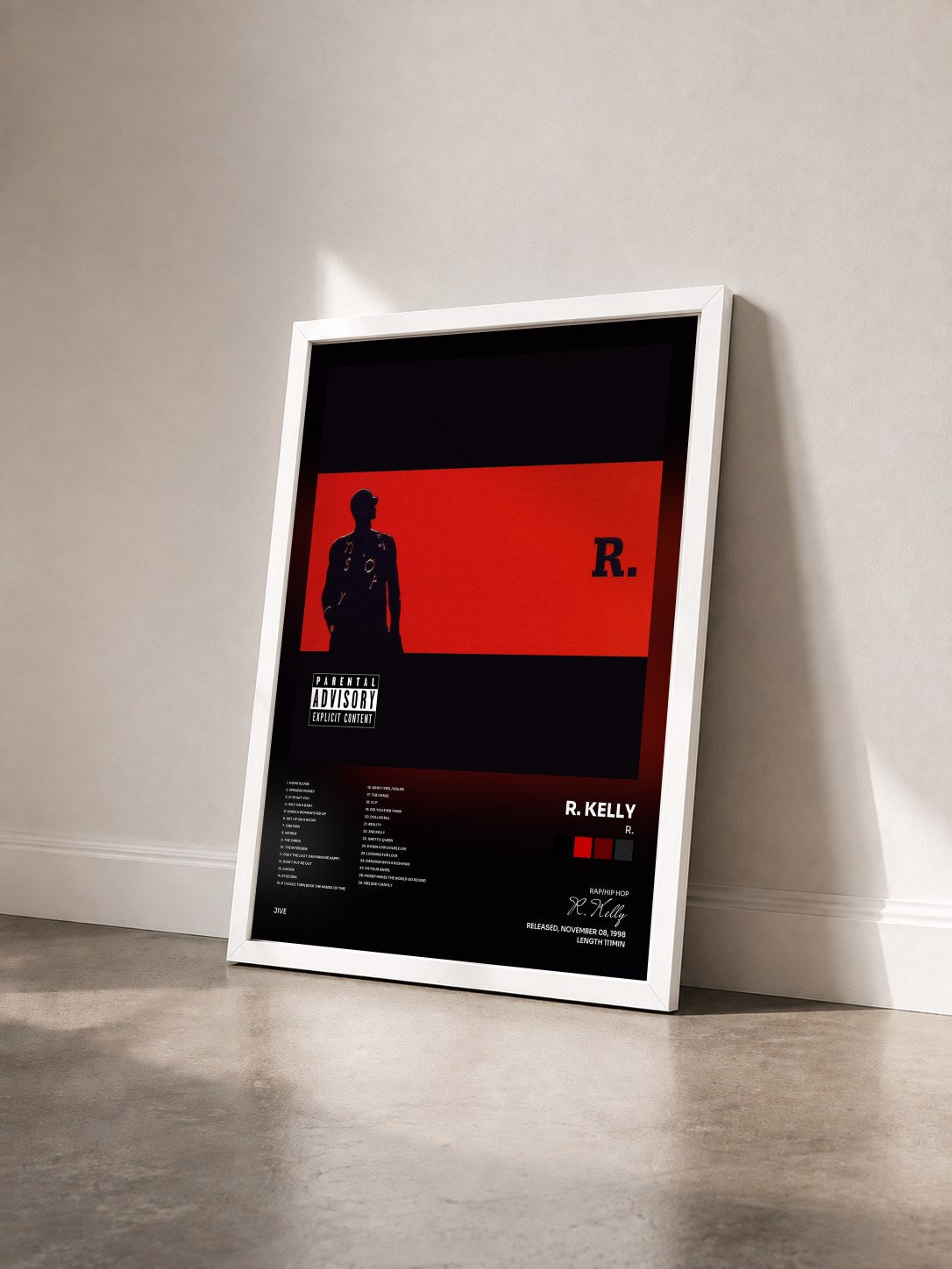 #blanc Tableau de l'album R. de R. Kelly vu de trois quarts, cadre blanc