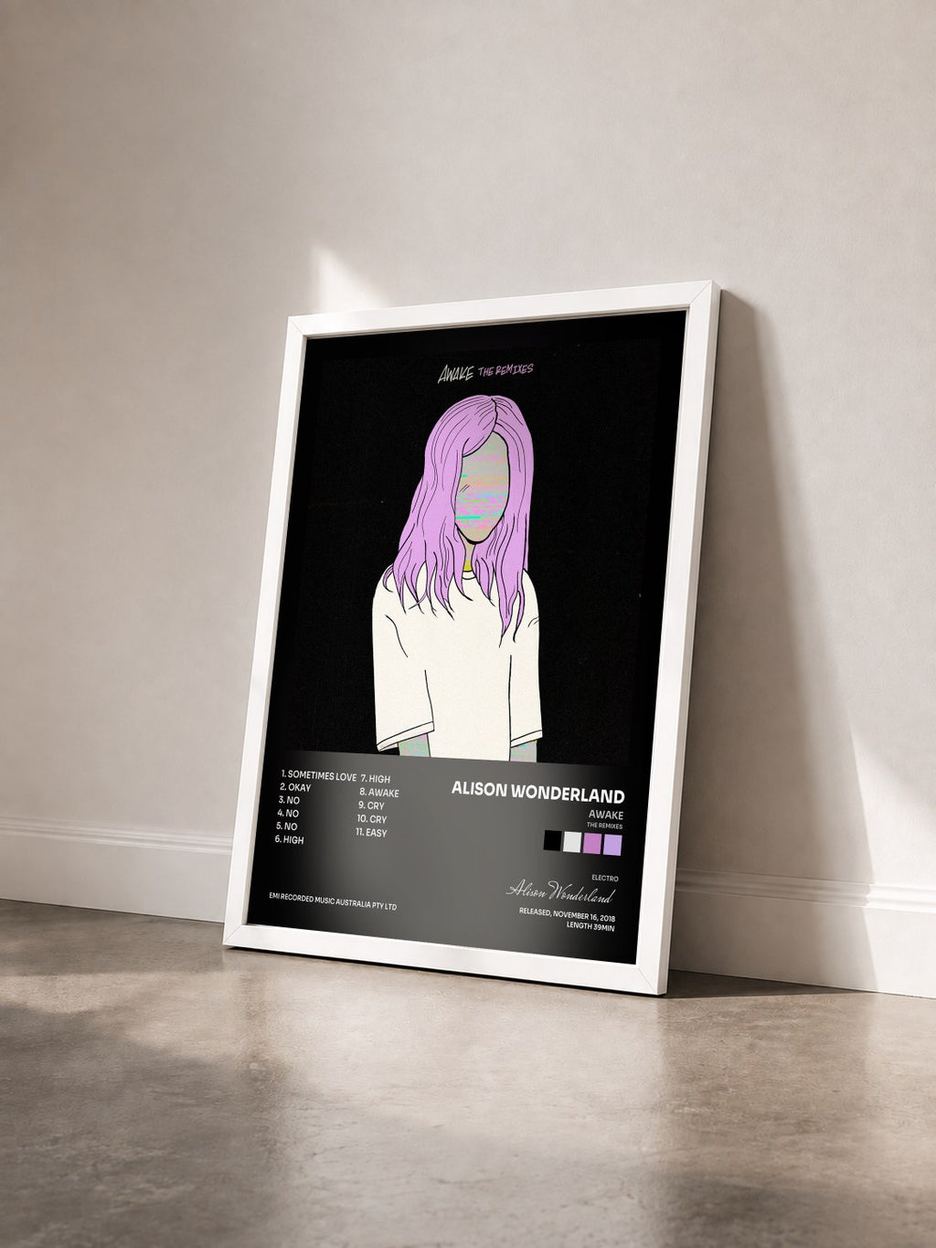 #blanc Awake (The Remixes) von Alison Wonderland als gerahmter Kunstdruck von schräg gesehen, weißer Rahmen