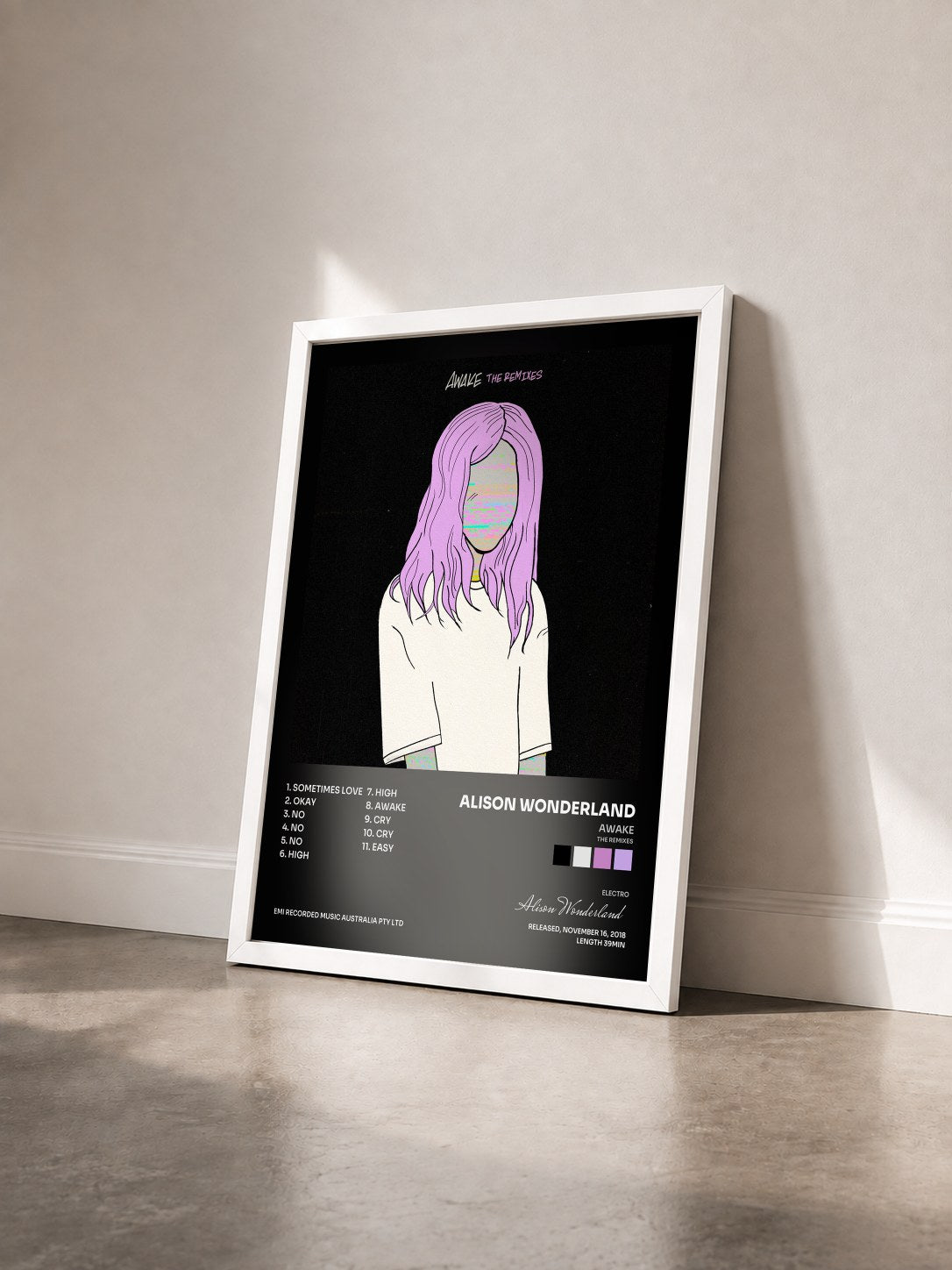 #blanc Tableau de l'album Awake (The Remixes) de Alison Wonderland vu de trois quarts, cadre blanc