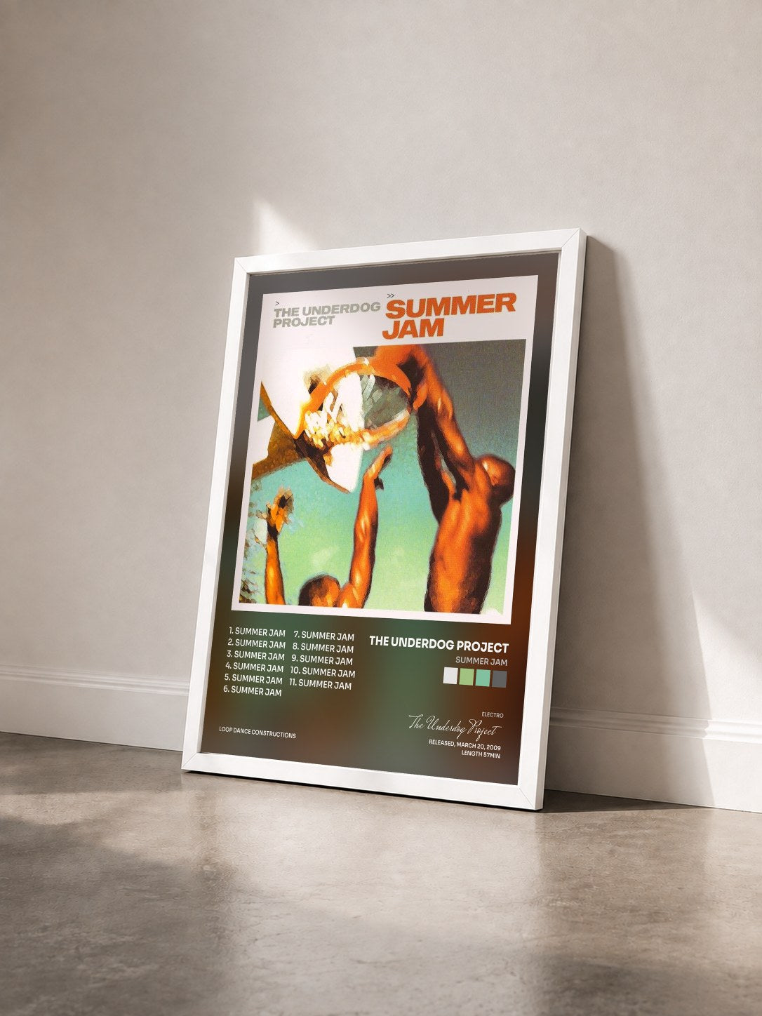 #blanc Tableau de l'album Summer Jam de The Underdog Project vu de trois quarts, cadre blanc