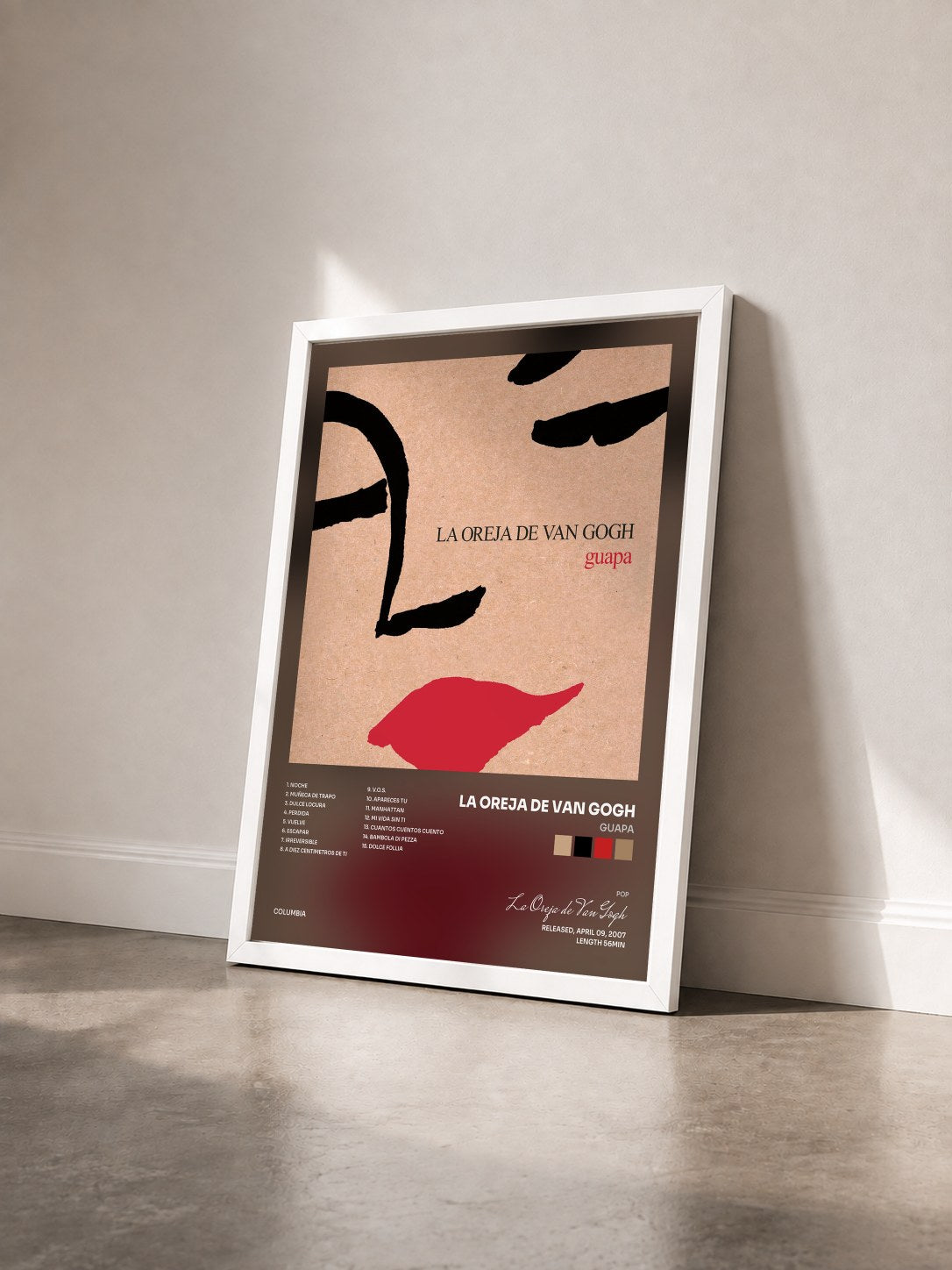 #blanc Tableau de l'album Guapa de La Oreja de Van Gogh vu de trois quarts, cadre blanc