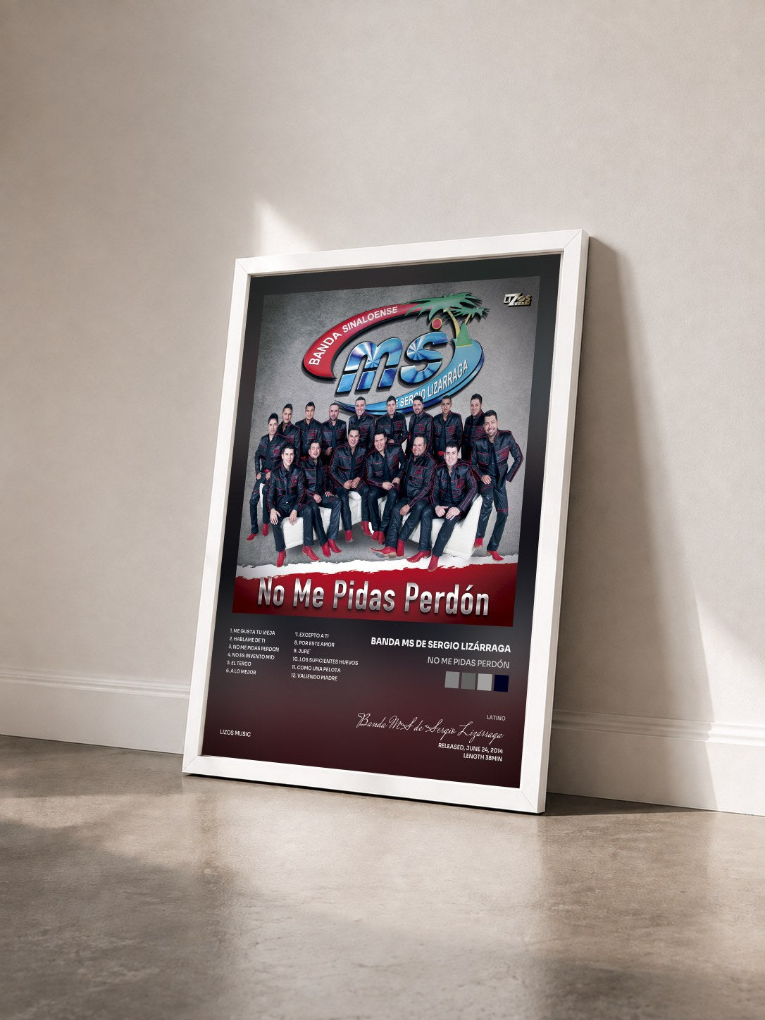 #blanc Tableau de l'album No Me Pidas Perdón de Banda MS de Sergio Lizárraga vu de trois quarts, cadre blanc