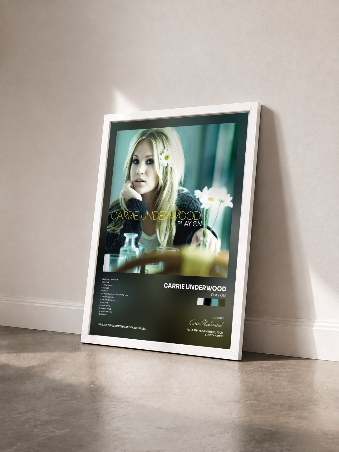 #blanc Tableau de l'album Play On de Carrie Underwood vu de trois quarts, cadre blanc