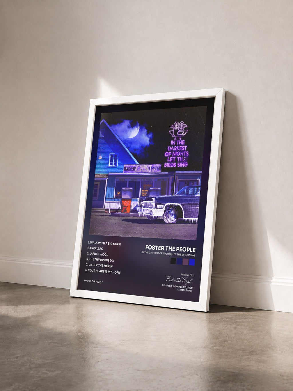 #blanc In The Darkest Of Nights, Let The Birds Sing by Foster the People as a framed art print seen at an angle, white frame