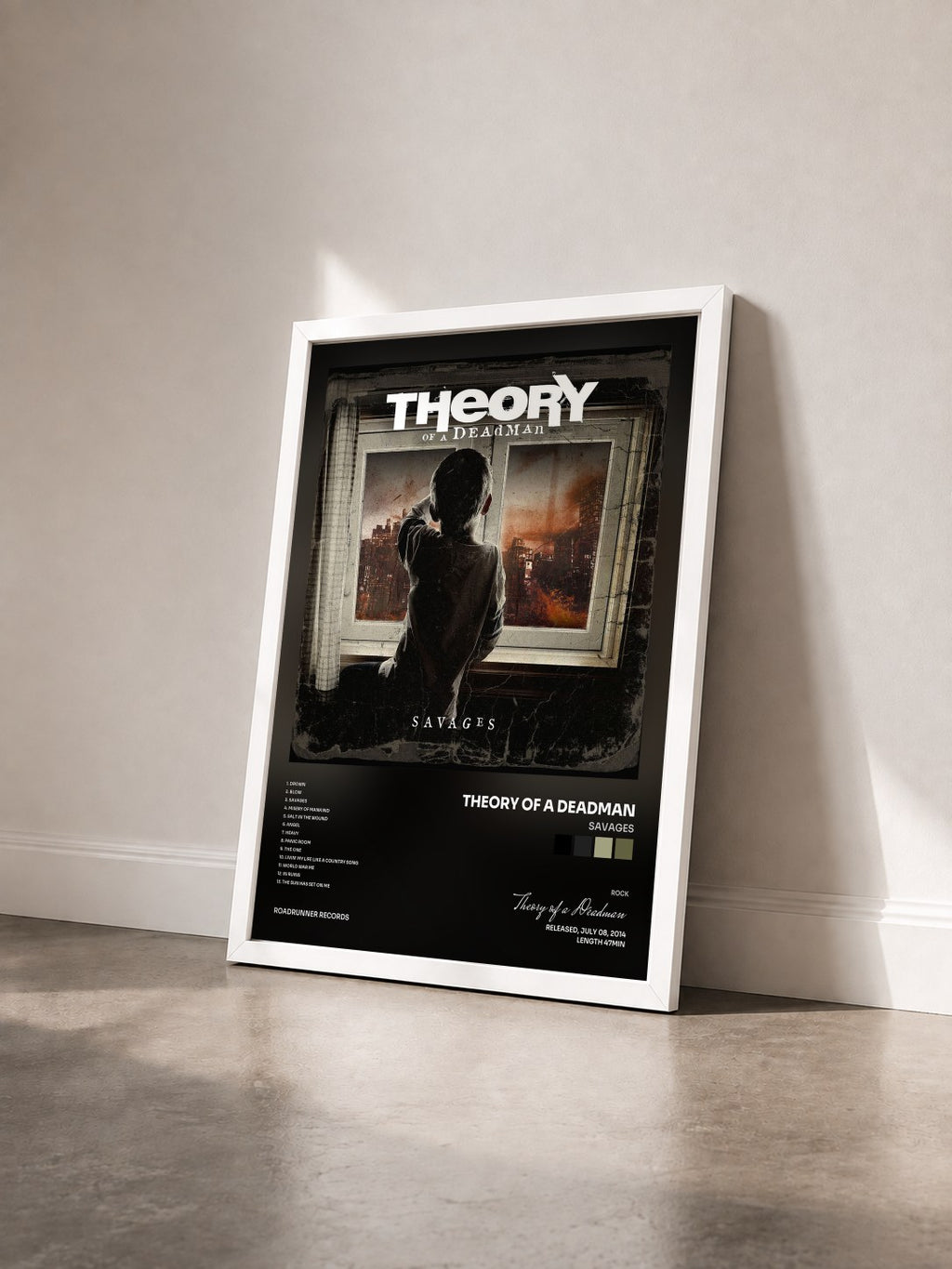 #blanc Savages von Theory of a Deadman als gerahmter Kunstdruck von schräg gesehen, weißer Rahmen