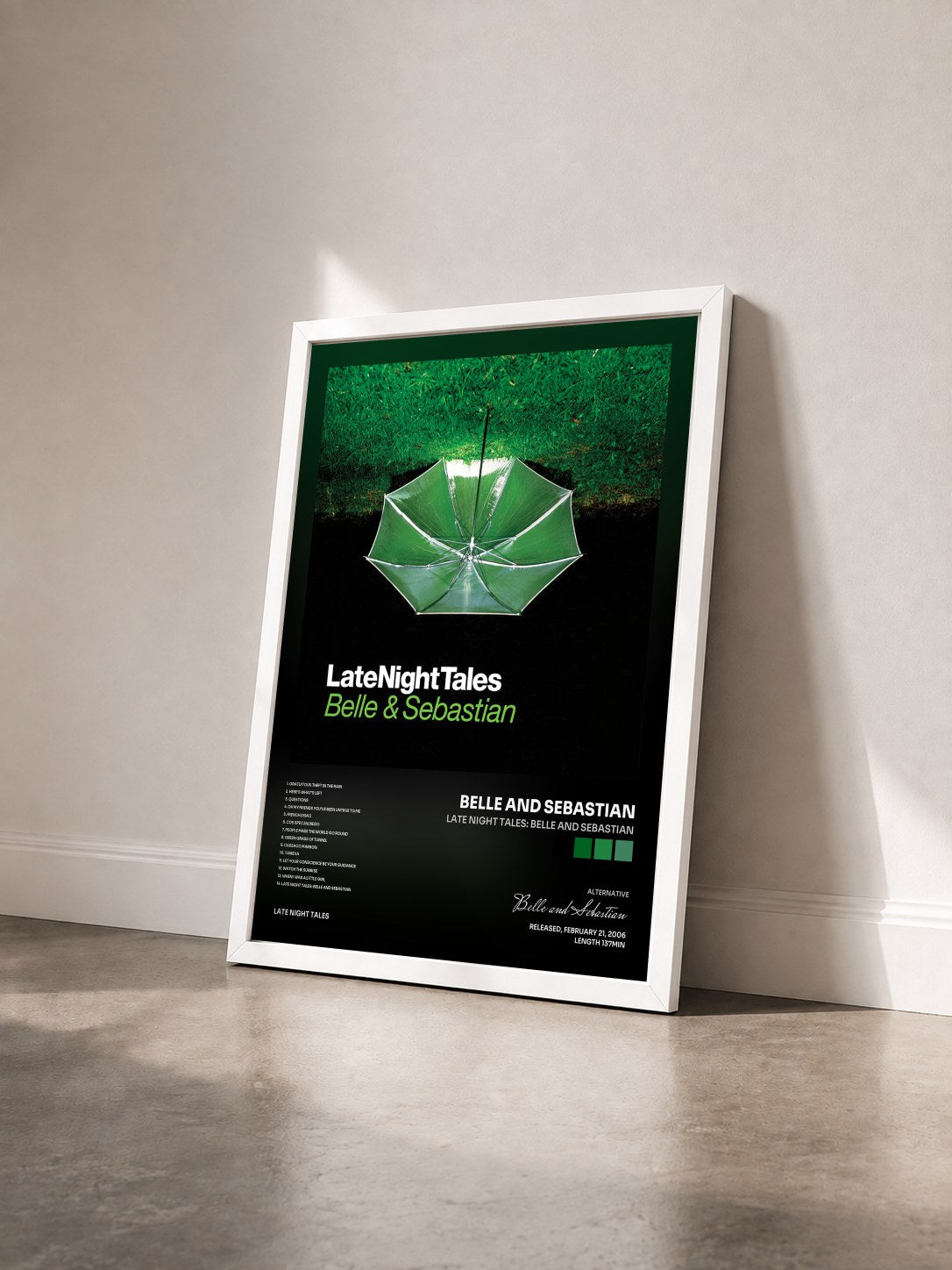 #blanc Tableau de l'album Late Night Tales: Belle and Sebastian de Belle and Sebastian vu de trois quarts, cadre blanc