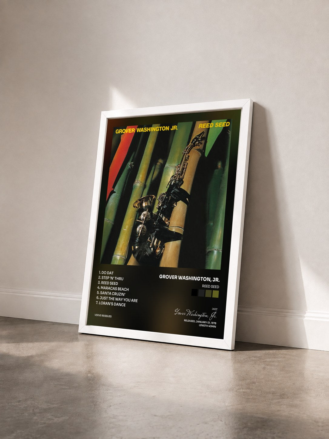#blanc Tableau de l'album Reed Seed de Grover Washington, Jr. vu de trois quarts, cadre blanc
