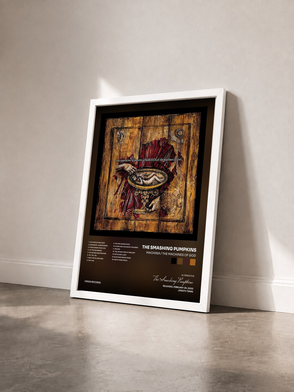 #blanc Machina / The Machines Of God by The Smashing Pumpkins as a framed art print seen at an angle, white frame