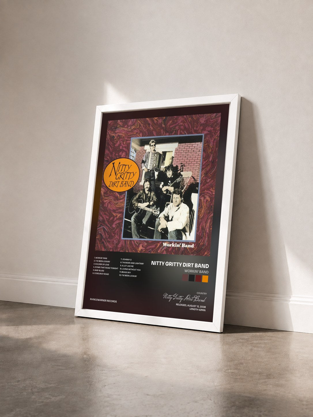 #blanc Tableau de l'album Workin' Band de Nitty Gritty Dirt Band vu de trois quarts, cadre blanc