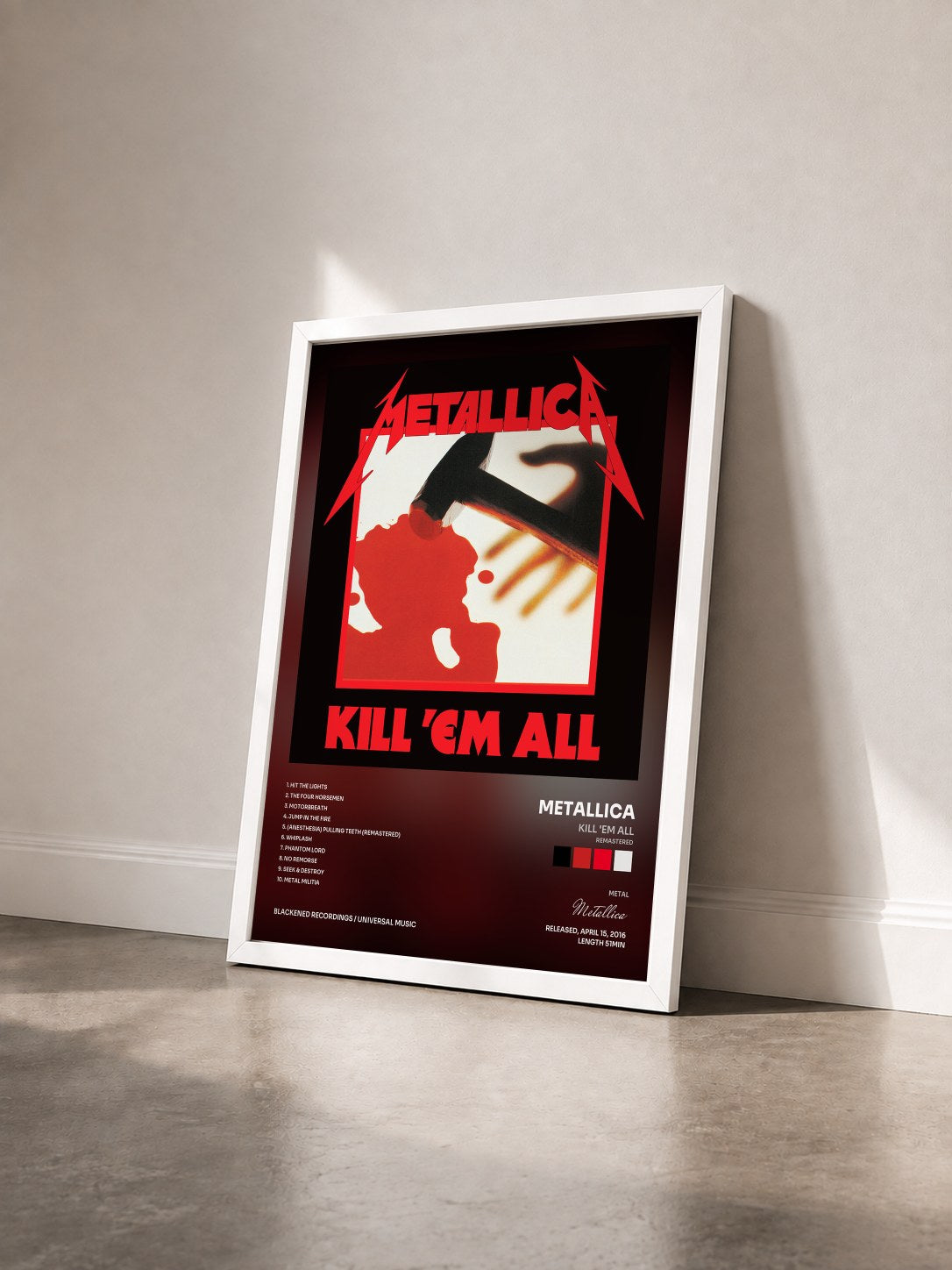 #blanc Tableau de l'album Kill 'Em All (Remastered) de Metallica vu de trois quarts, cadre blanc