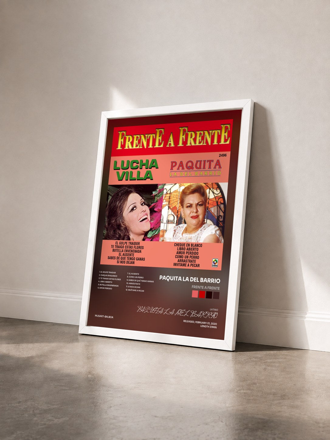#blanc Tableau de l'album Frente A Frente de PAQUITA LA DEL BARRIO vu de trois quarts, cadre blanc