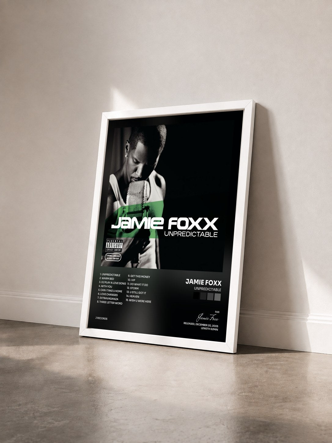 #blanc Tableau de l'album Unpredictable de Jamie Foxx vu de trois quarts, cadre blanc