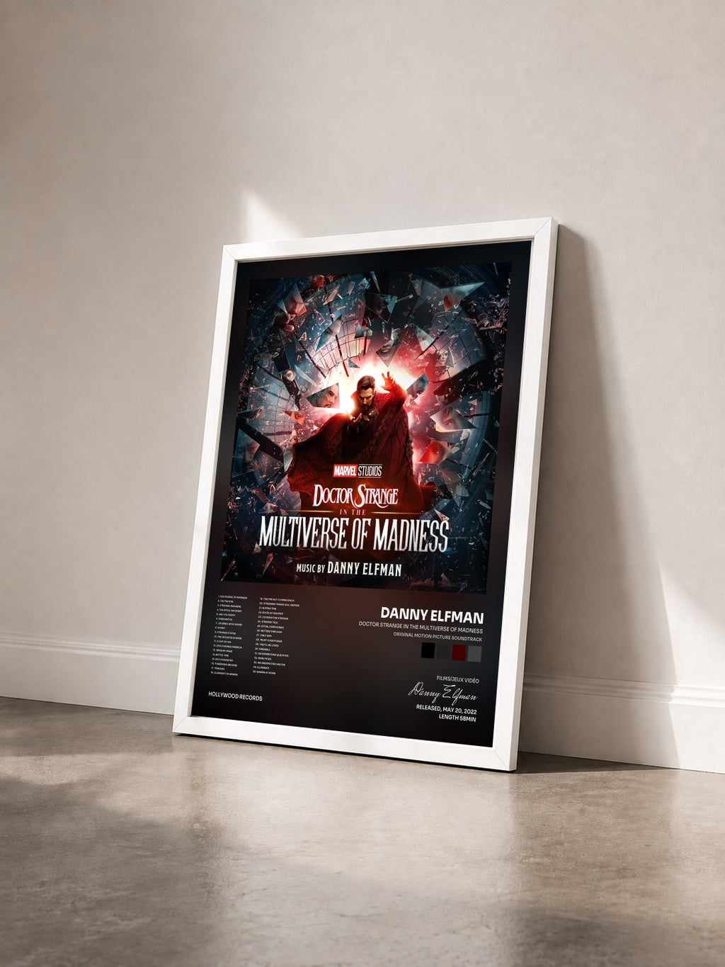 #blanc Doctor Strange in the Multiverse of Madness (Original Motion Picture Soundtrack) by Danny Elfman as a framed art print seen at an angle, white frame