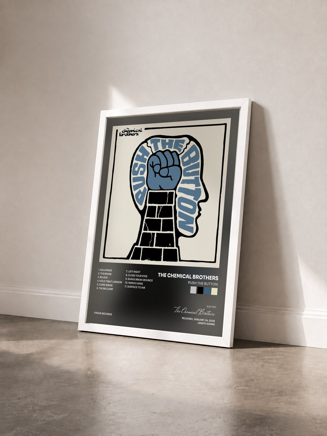 #blanc Tableau de l'album Push The Button de The Chemical Brothers vu de trois quarts, cadre blanc