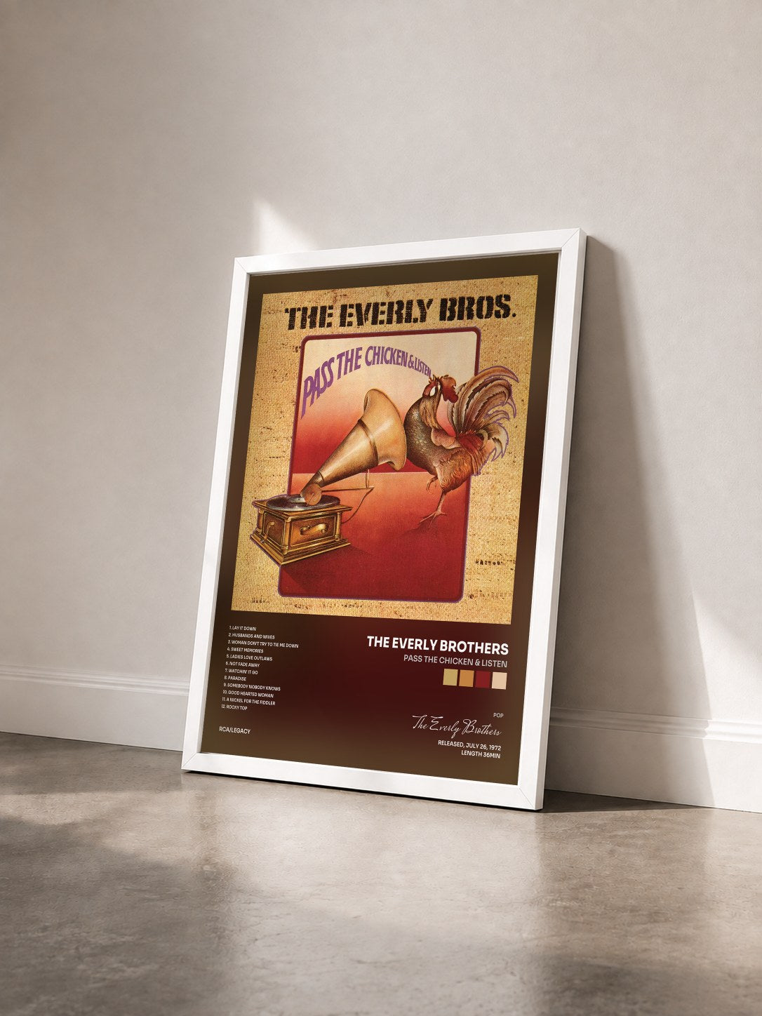 #blanc Tableau de l'album Pass The Chicken & Listen de The Everly Brothers vu de trois quarts, cadre blanc