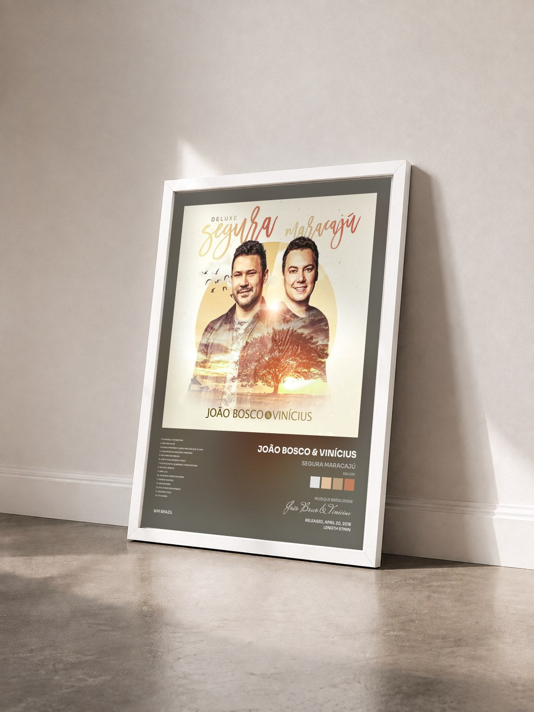 #blanc Tableau de l'album Segura Maracajú (Deluxe) de João Bosco & Vinícius vu de trois quarts, cadre blanc