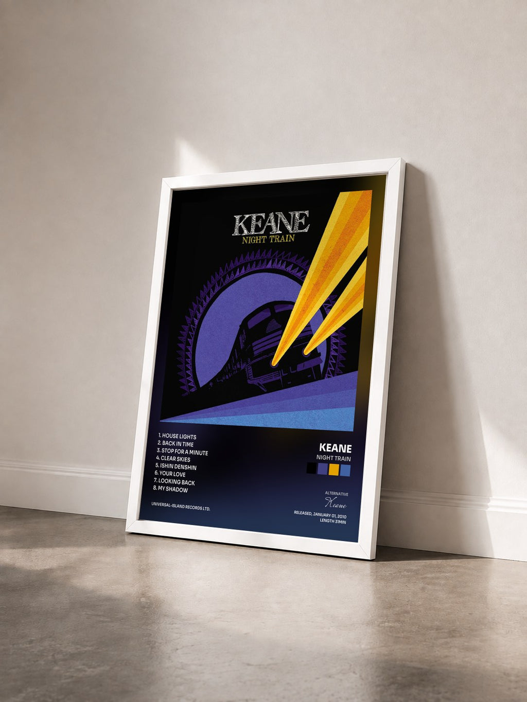 #blanc Tableau de l'album Night Train de Keane vu de trois quarts, cadre blanc