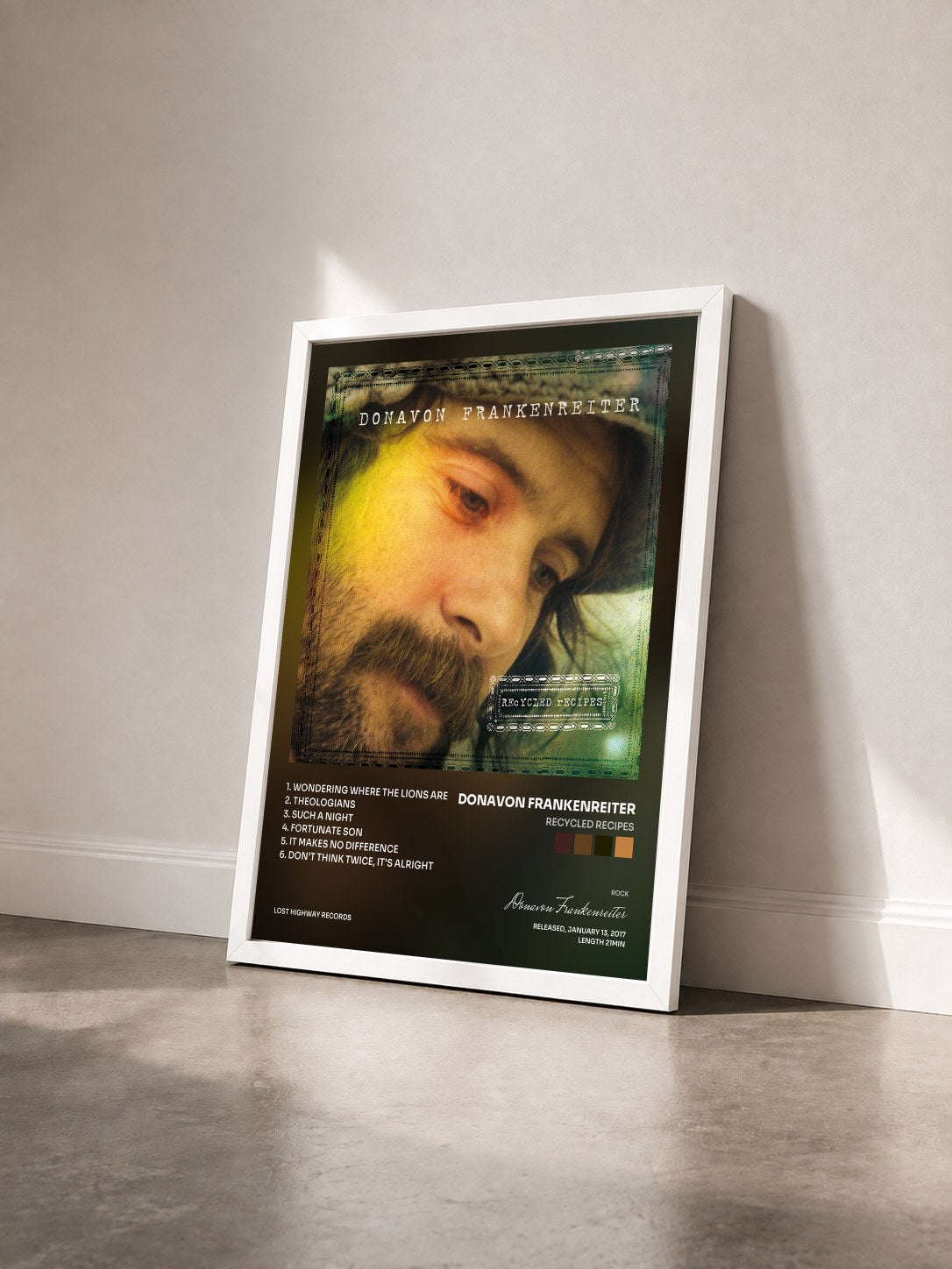 #blanc Tableau de l'album Recycled Recipes de Donavon Frankenreiter vu de trois quarts, cadre blanc