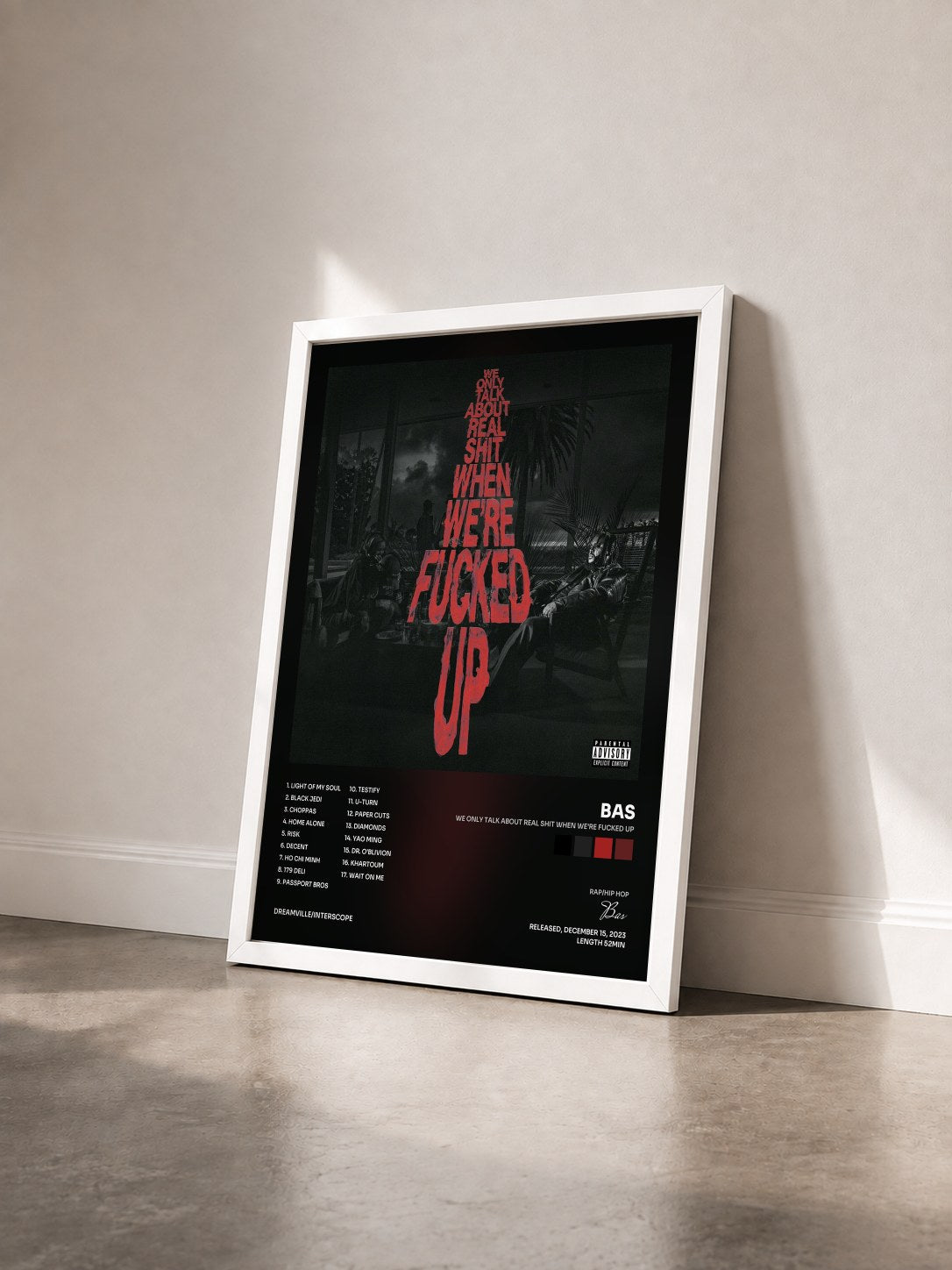 #blanc Tableau de l'album We Only Talk About Real Shit When We're Fucked Up de Bas vu de trois quarts, cadre blanc