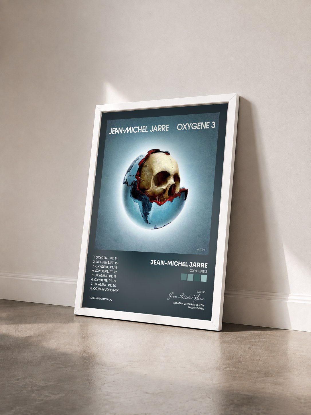 #blanc Tableau de l'album Oxygene 3 de Jean-Michel Jarre vu de trois quarts, cadre blanc