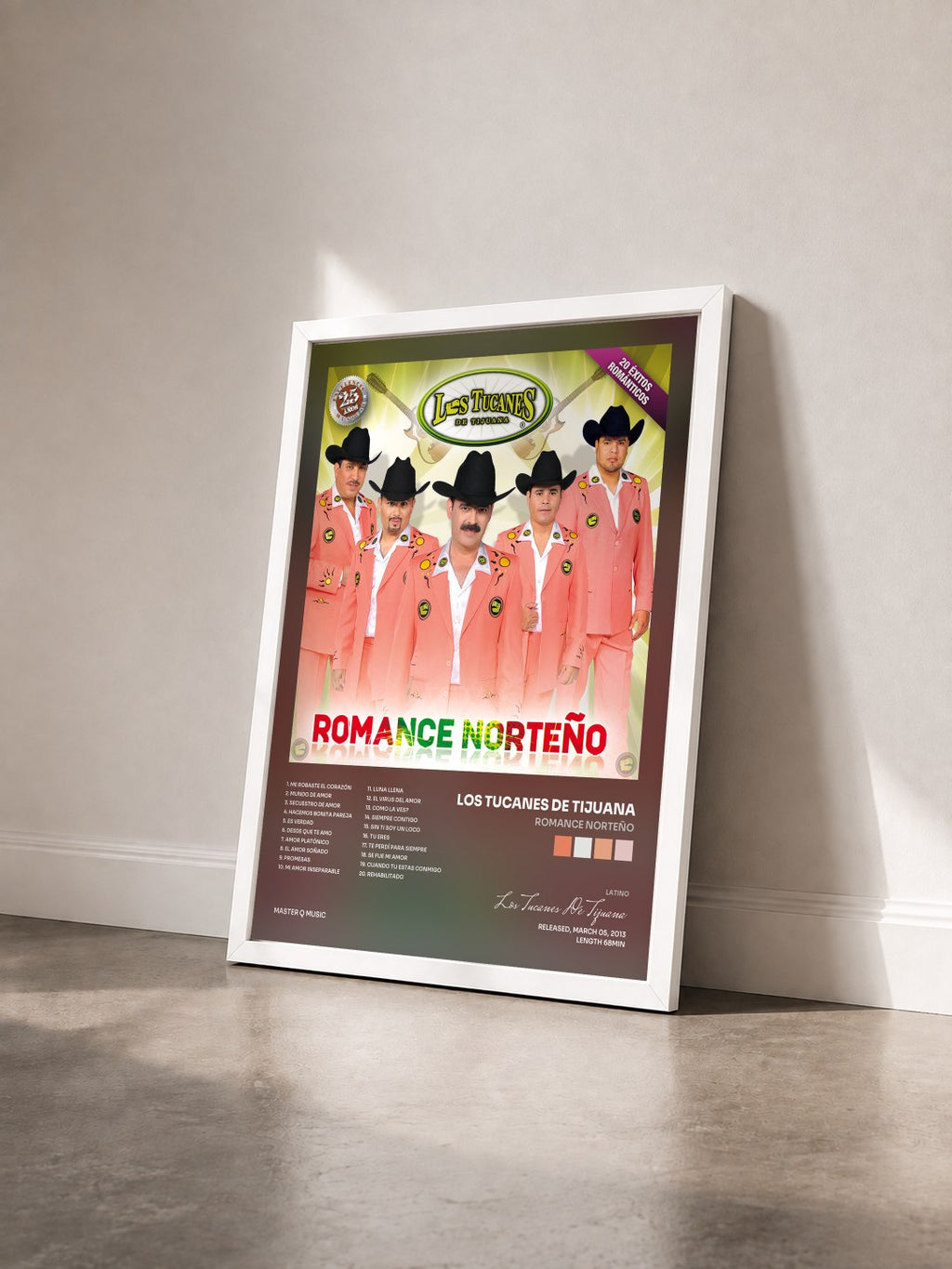 #blanc Tableau de l'album Romance Norteño de Los Tucanes De Tijuana vu de trois quarts, cadre blanc