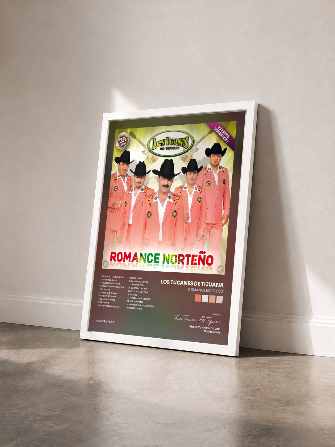 #blanc Tableau de l'album Romance Norteño de Los Tucanes De Tijuana vu de trois quarts, cadre blanc