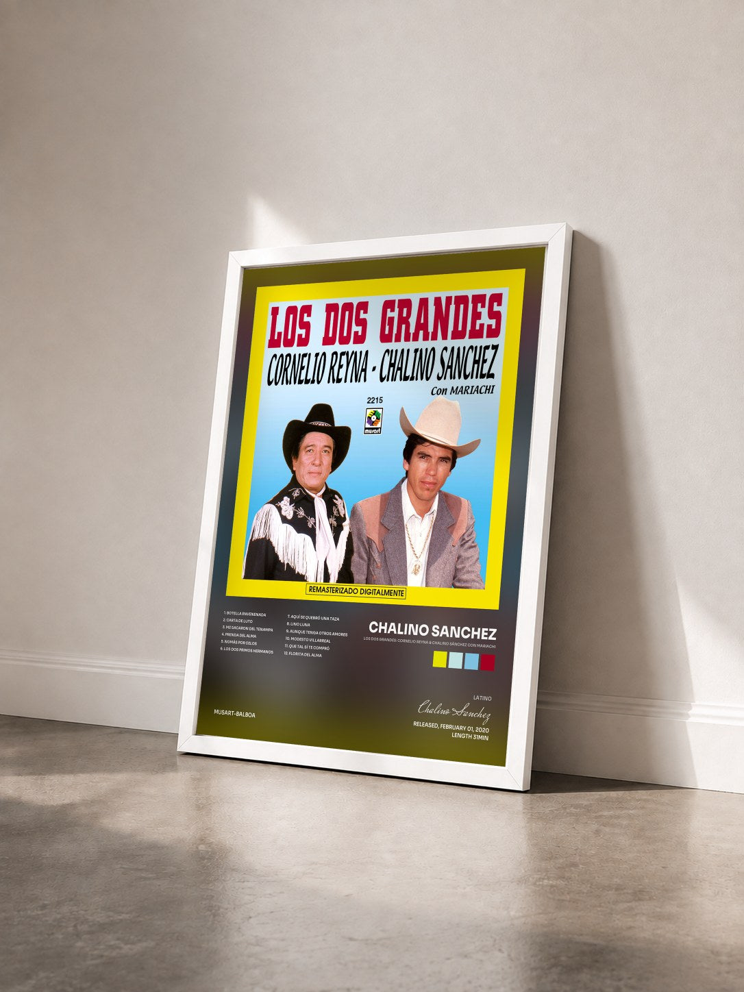 #blanc Tableau de l'album Los Dos Grandes: Cornelio Reyna & Chalino Sánchez Con Mariachi de Chalino Sanchez vu de trois quarts, cadre blanc