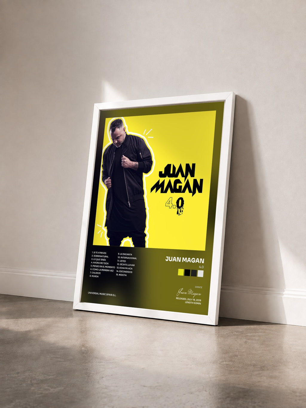 #blanc Tableau de l'album 4.0 de Juan Magan vu de trois quarts, cadre blanc