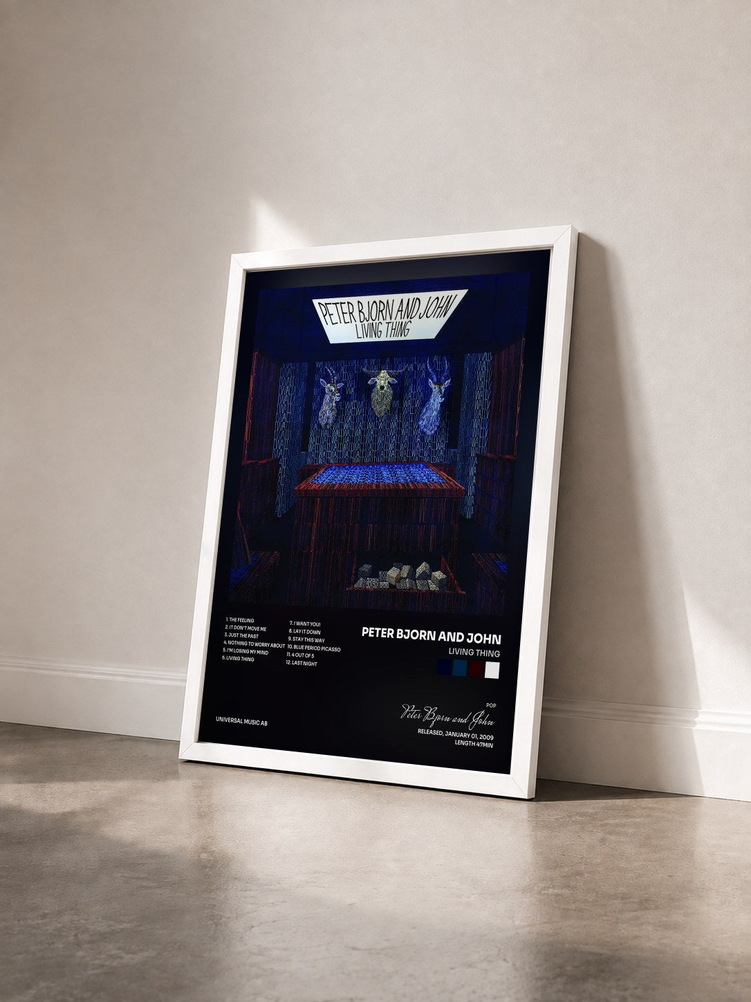 #blanc Tableau de l'album Living Thing de Peter Bjorn and John vu de trois quarts, cadre blanc