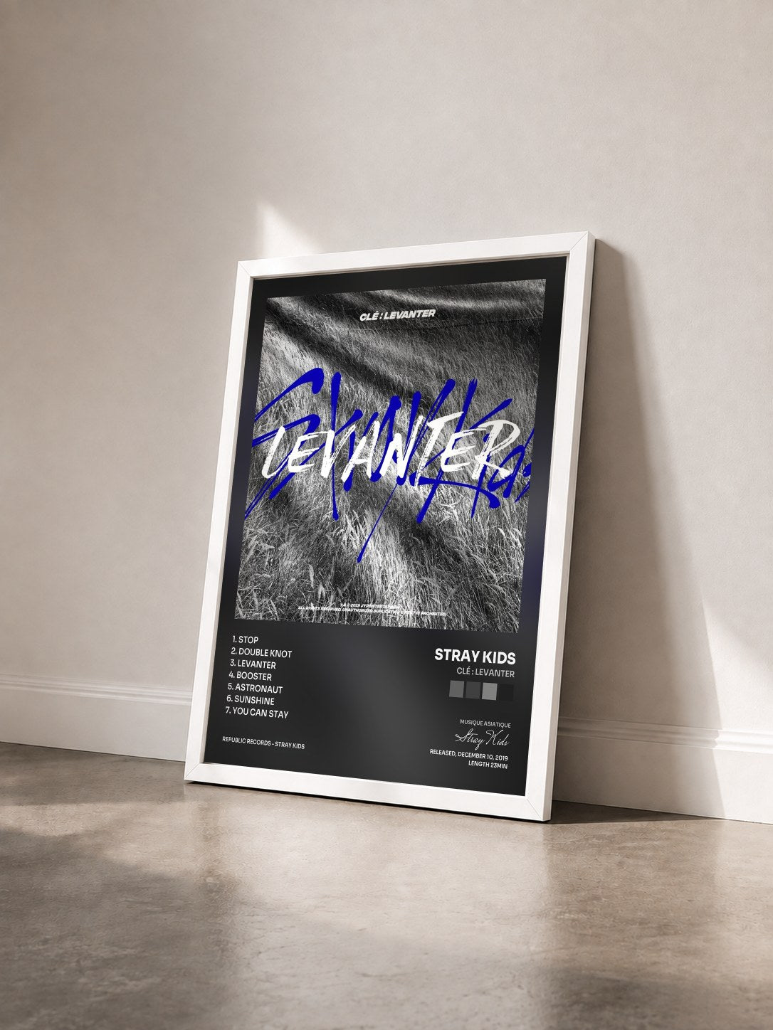 #blanc Tableau de l'album Clé : LEVANTER de Stray Kids vu de trois quarts, cadre blanc