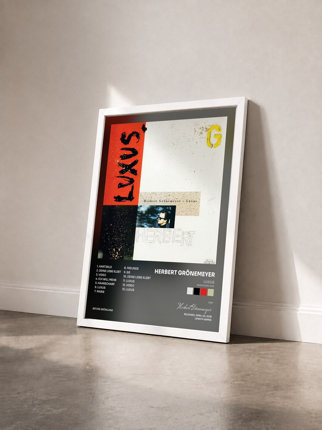 #blanc Tableau de l'album Luxus (Remastered 2016) de Herbert Grönemeyer vu de trois quarts, cadre blanc